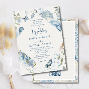 Romantic Blue Floral All In One QR Code Wedding Invitation