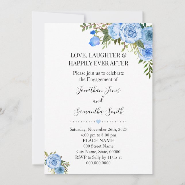 Romantic Blue floral boho chic engagement Invitation (Front)