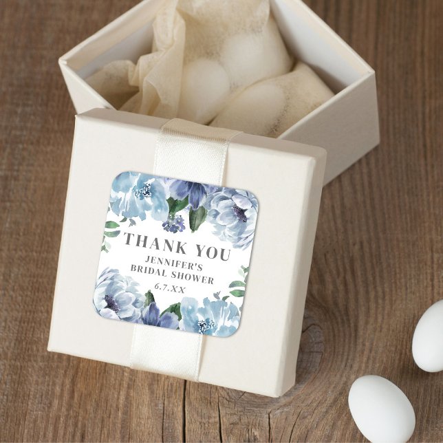Romantic Blue Floral Bridal Shower Party Favour  Square Sticker (Creator Uploaded)