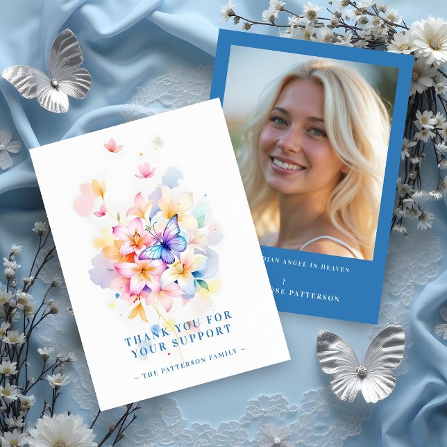 Romantic Blue Floral Butterfly Memorial Photo Card (Romantic Blue Floral and Butterfly Memorial Thank You Cards with Photo Back. )