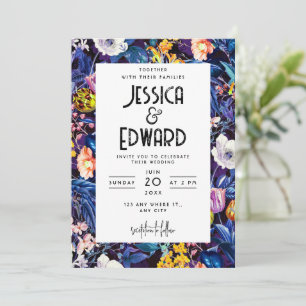 Romantic Blue Floral Elegant Chic Wedding Black Invitation