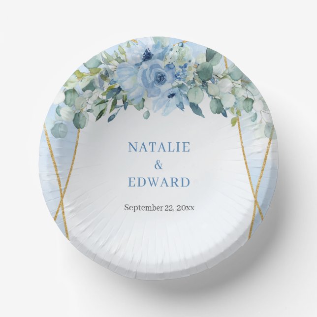 Romantic blue floral eucalyptus and gold frame paper plate (Front)