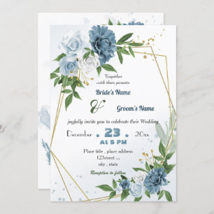 romantic blue floral geometric wedding invitation
