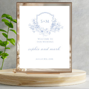 Romantic Blue Floral Monogram Crest Welcome Sign