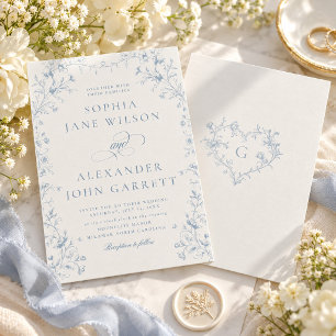 Romantic Blue Floral Monogram Wedding Invitation