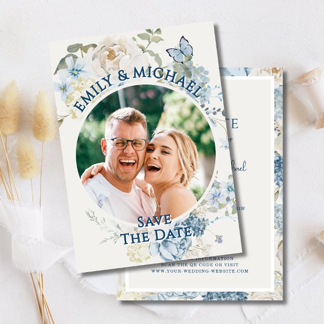 Romantic Blue Floral Photo QR Code Invitation (Creator Uploaded)