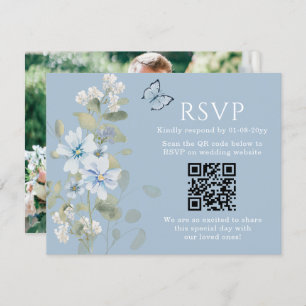 Romantic Blue Floral RSVP QR Code Photo Wedding