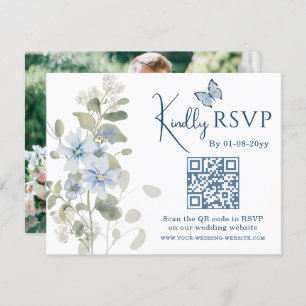 Romantic Blue Floral RSVP QR Code Photo Wedding