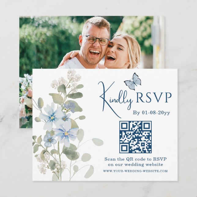 Romantic Blue Floral RSVP QR Code Photo Wedding (Front/Back)