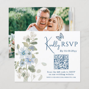 Romantic Blue Floral RSVP QR Code Photo Wedding Card