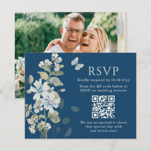 Romantic Blue Floral RSVP QR Code Photo Wedding Card