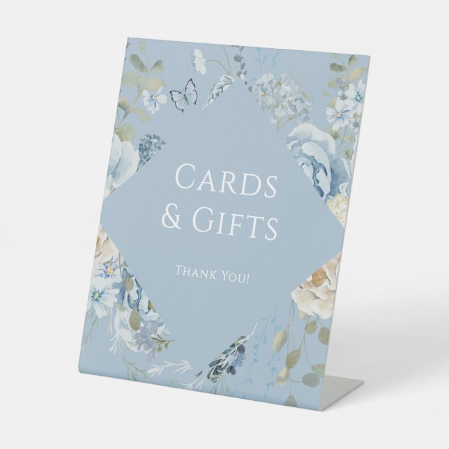 Romantic Blue Floral Wedding Cards and Gifts Pedestal Sign (Front)