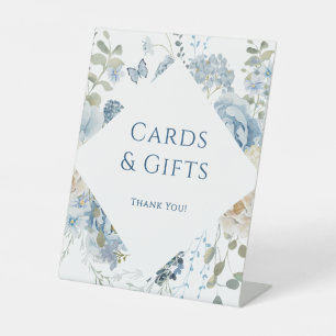 Romantic Blue Floral Wedding Cards and Gifts Pedestal Sign