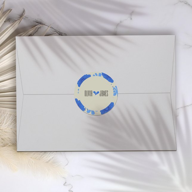 Romantic Blue Floral Wedding Classic Round Sticker (Creator Uploaded)