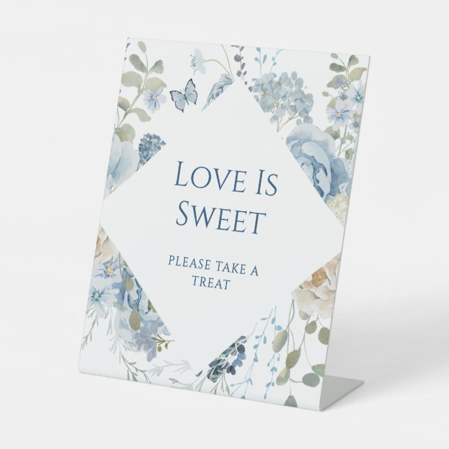 Romantic Blue Floral Wedding Love Is Sweet Pedestal Sign (Front)