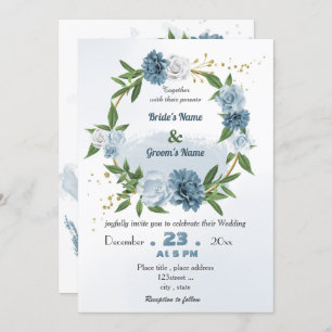 romantic blue floral wreath wedding invitation