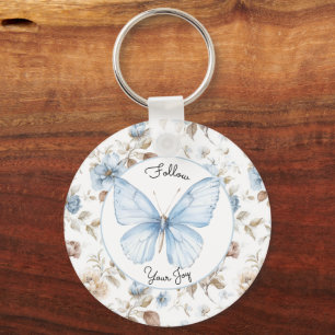 Romantic Blue Flowers Brown Leaves Butterfly Keychain