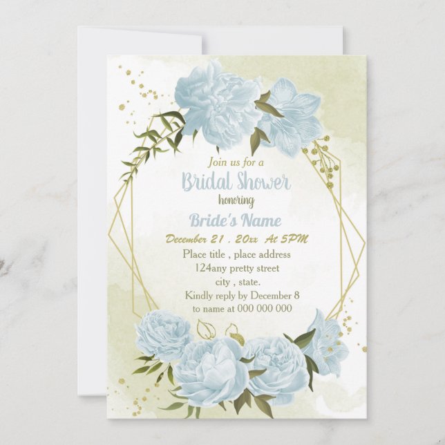 romantic blue flowers geometric bridal shower invitation (Front)