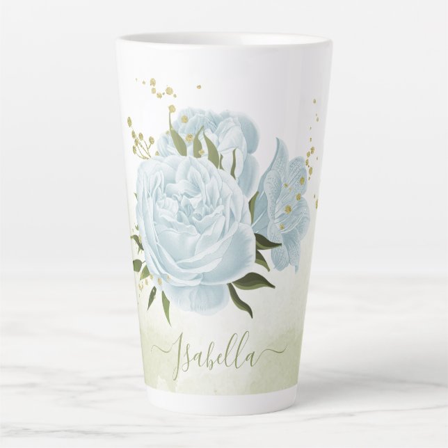 romantic blue flowers  & green leaves botanical latte mug (Front)