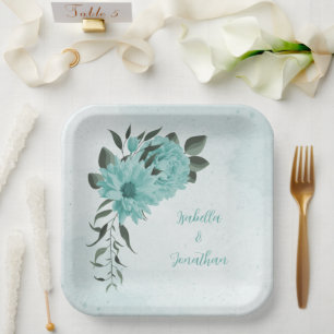 romantic blue flowers & green leaves paper plate