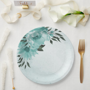 romantic blue flowers & green leaves paper plate