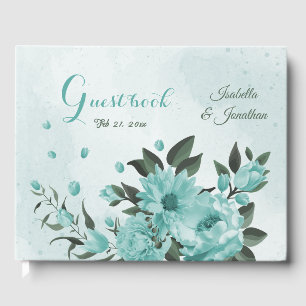 romantic  blue flowers & green leaves wedding guest book