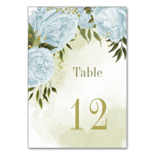 Romantic blue flowers greenery botanical table number