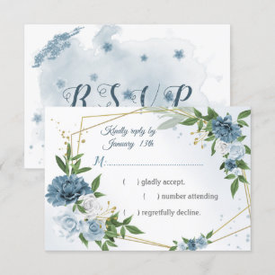 romantic blue flowers greenery geometric RSVP card