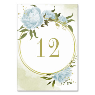 Romantic blue flowers greenery gold wreath table number