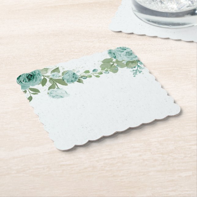 romantic blue flowers greenery paper coaster (Angled)