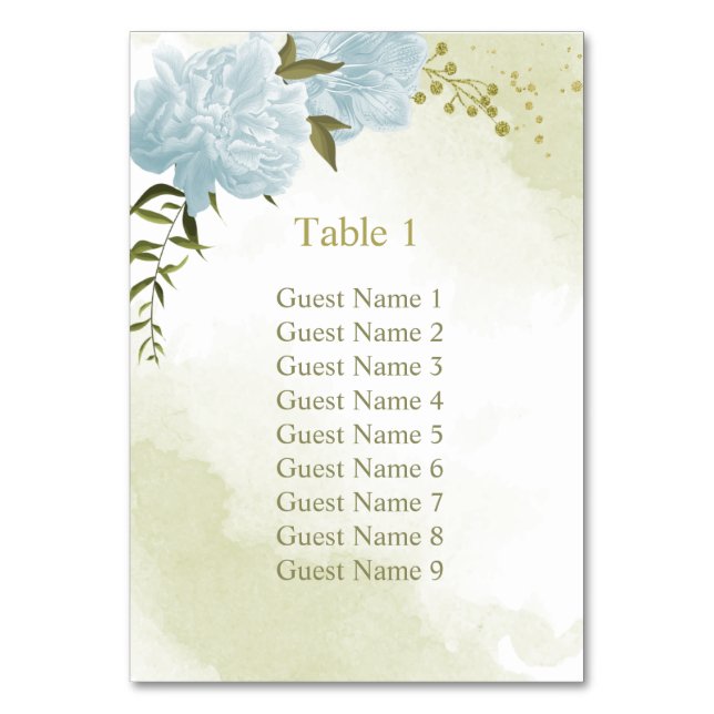 Romantic blue flowers greenery seating chart table number (Front)