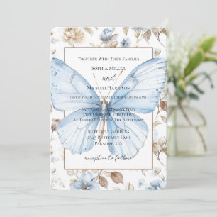 Romantic Blue Flowers Leaves Butterfly Wedding Invitation
