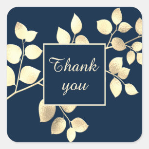 Romantic blue golden leaves square sticker
