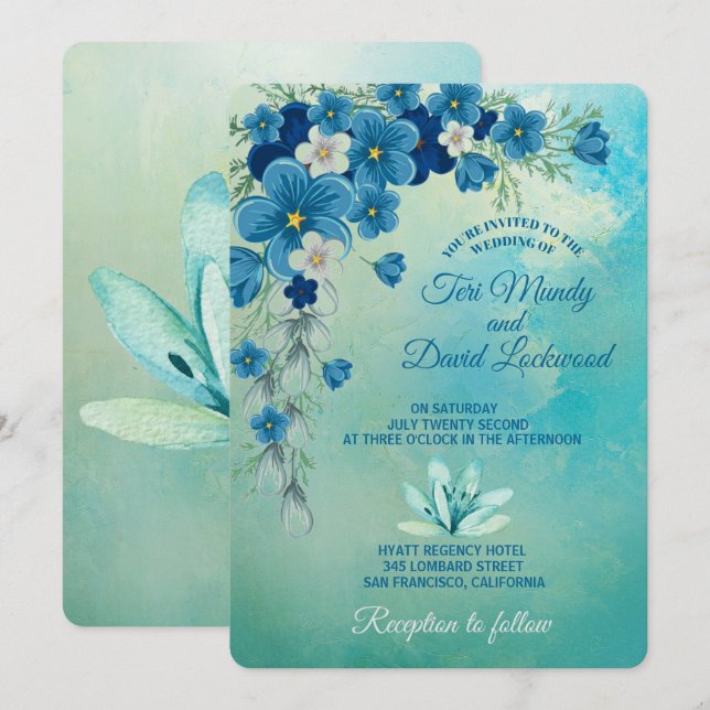 Romantic Blue/Green Floral Wedding Invitations (Front/Back)