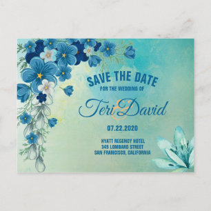 Romantic Blue/Green Floral Wedding Save The Date Announcement Postcard