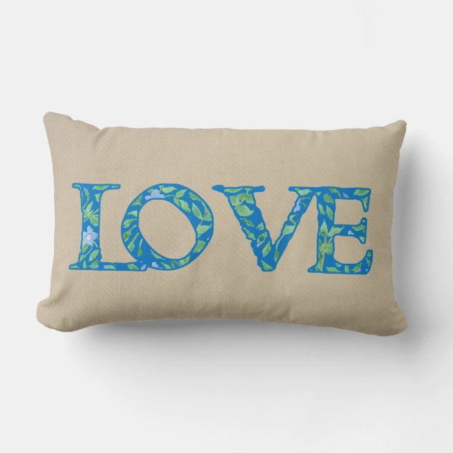 Romantic Blue Green Periwinkles Floral LOVE design Lumbar Pillow (Front)