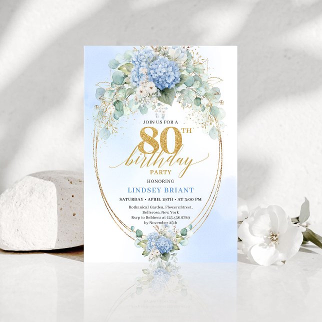 Romantic Blue Hydrangea Gold 80th Birthday Invite (Romantic Blue Hydrangea Gold 80th Birthday Invitation)