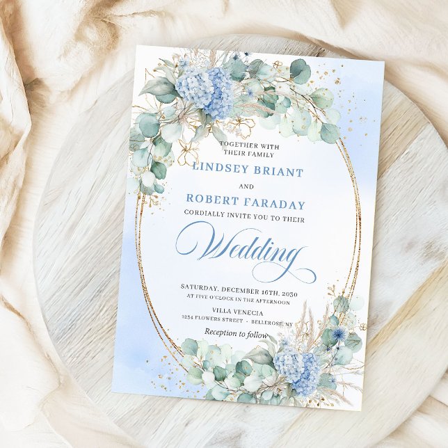 Romantic Blue Hydrangea Wheat Botanical Wedding  Invitation (Romantic Blue Hydrangea Wheat Botanical Wedding Invite)