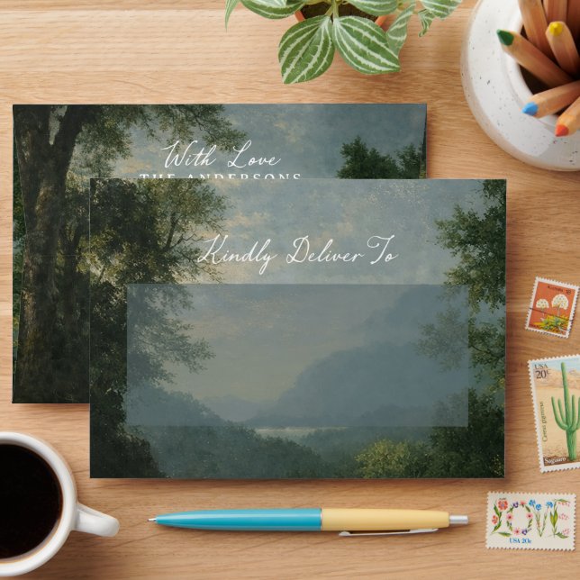 Romantic Blue Landscape Wedding Return Address  Envelope (Desk)