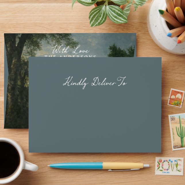 Romantic Blue Landscape Wedding Return Address  Envelope (Desk)