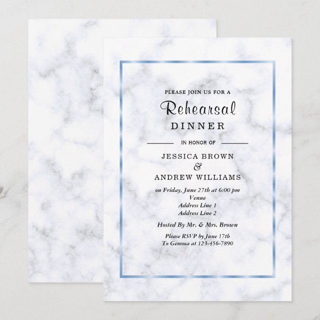 Romantic Blue Marble Wedding Rehearsal Dinner Invitation (Front/Back)