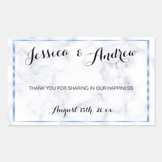 Romantic Blue Marble Wedding Thank You Sticker (Front)