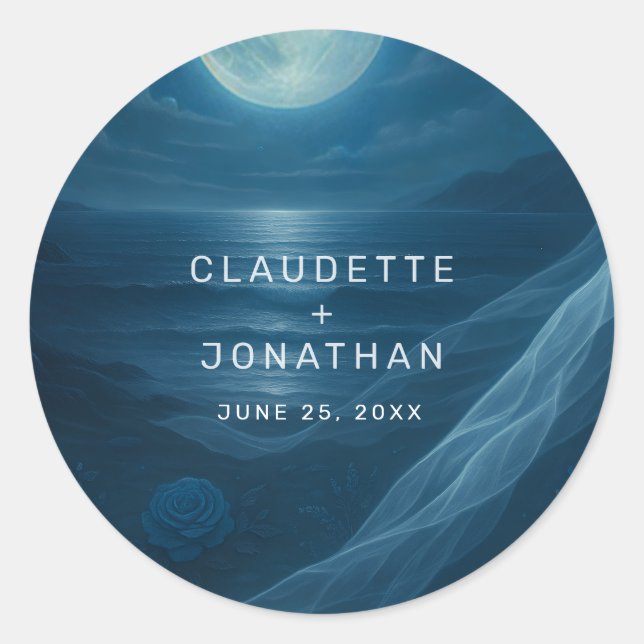 Romantic Blue Moonlit Beach Custom Names Wedding Classic Round Sticker (Front)
