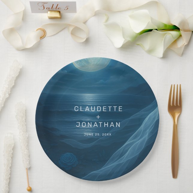 Romantic Blue Moonlit Beach Custom Names Wedding Paper Plate (Wedding)