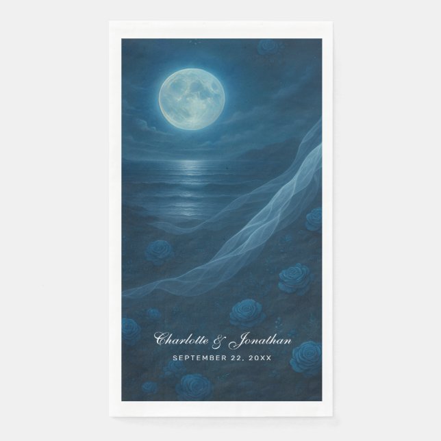 Romantic Blue Moonlit Beach Wedding Napkin (Front)