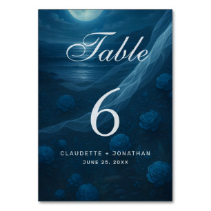 Romantic Blue Moonlit Beach Wedding Table Number