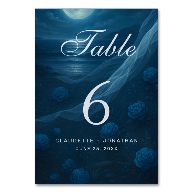 Romantic Blue Moonlit Beach Wedding Table Number (Front)