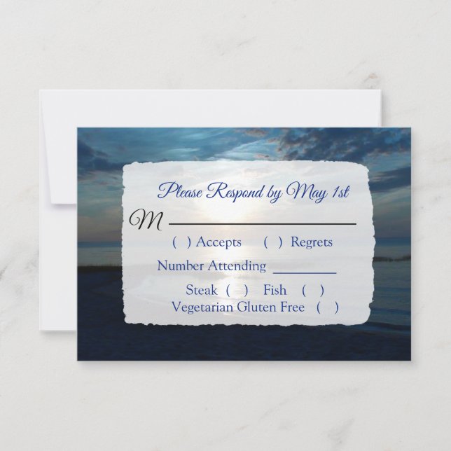 Romantic Blue Ocean Sunset Wedding RSVP card (Front)