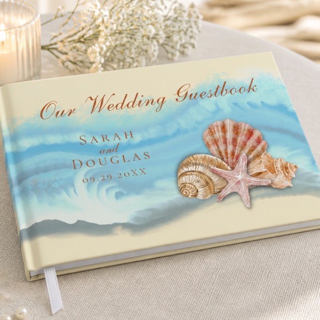 Romantic Blue Ocean Wave and Seashells Guest Book (Creator Uploaded)