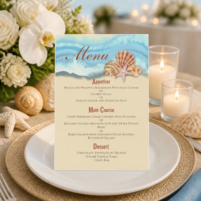 Romantic Blue Ocean Wave and Seashells Wedding Menu (Creator Uploaded)